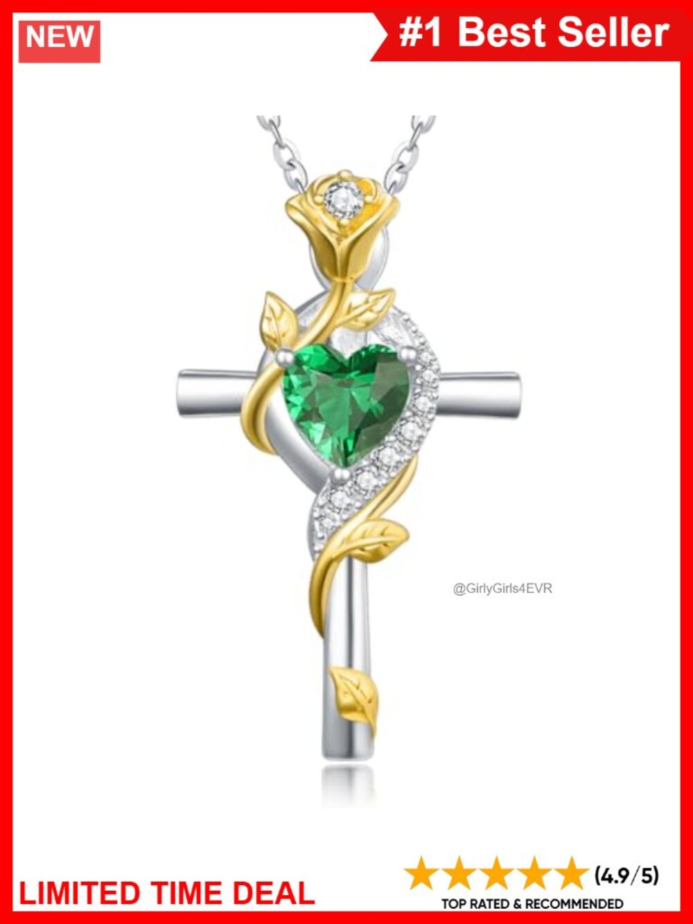 Rose Cross Necklace 925 Sterling Silver Birthstone Pendant 20"